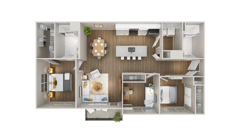 A floor plan of a house with a kitchen, living room, and two bedrooms.